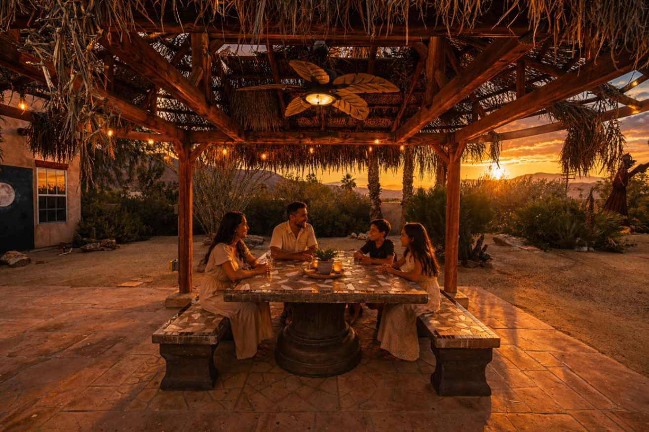 Family dining under the palapa at sunset