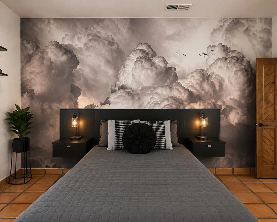 The Cloud Room — queen bedroom with sweeping cumulus mural