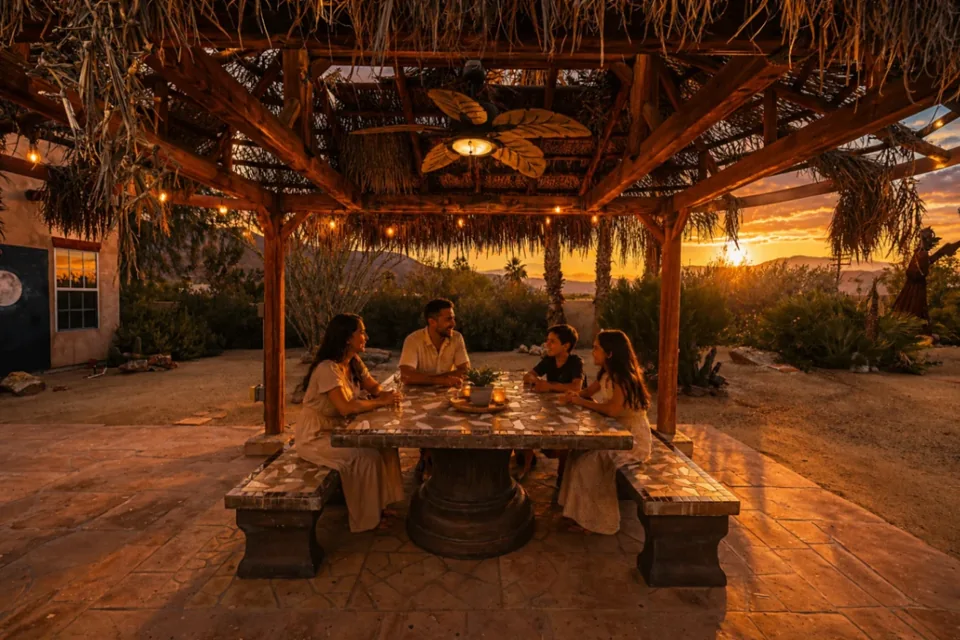 Family dining under the palapa at sunset
