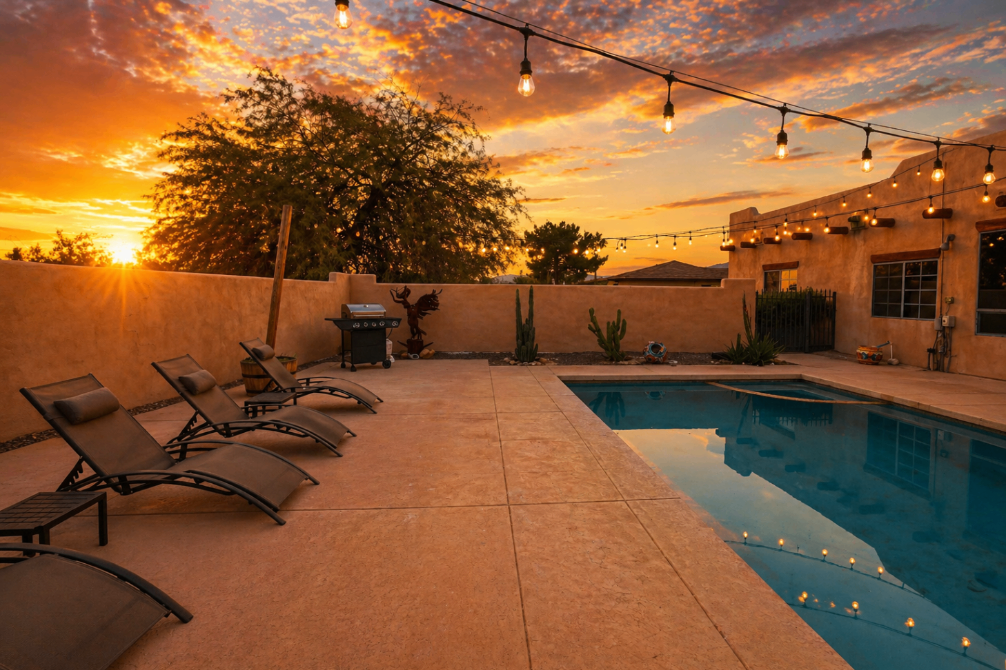 Pool and grill patio at golden hour