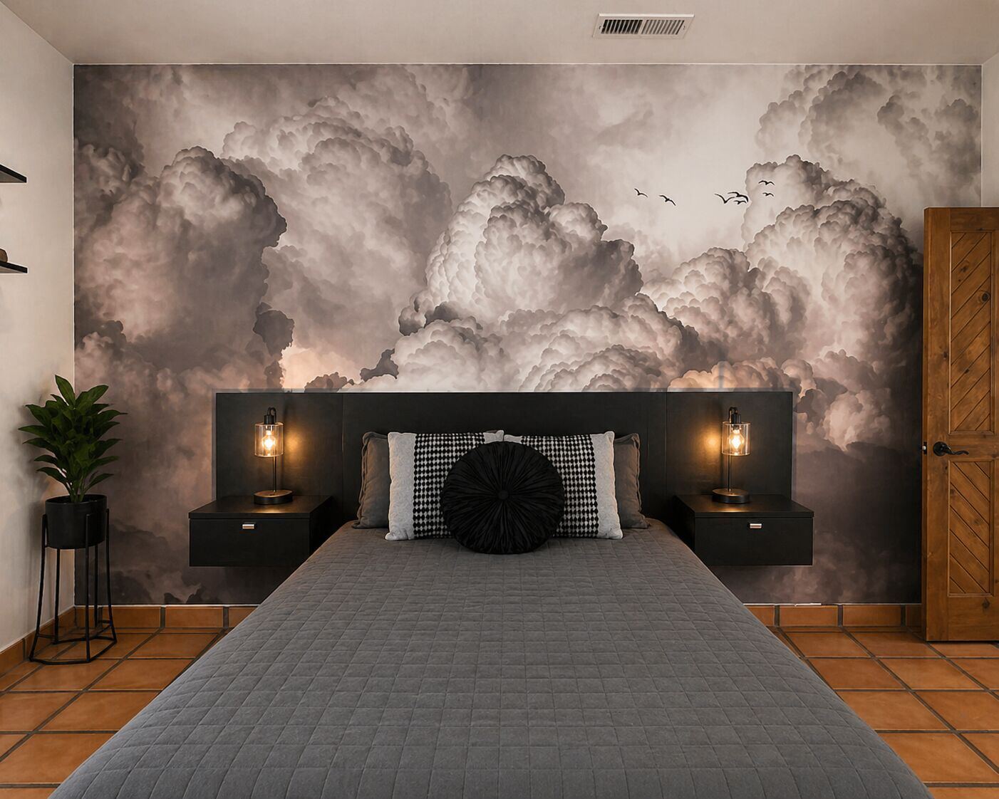 The Cloud Room — queen bedroom with sweeping cumulus mural